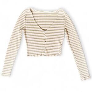 PacSun Y2K Pastel Stripe Ribbed Cropped Lettuce Henley Button Long Sleeve Top S